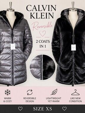 Calvin Klein Reversible Faux Fur Puffer Coat XS Metallic Gray Winter Jacket